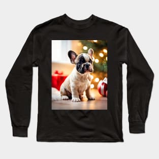 French Bulldog Puppy by Christmas Tree Long Sleeve T-Shirt